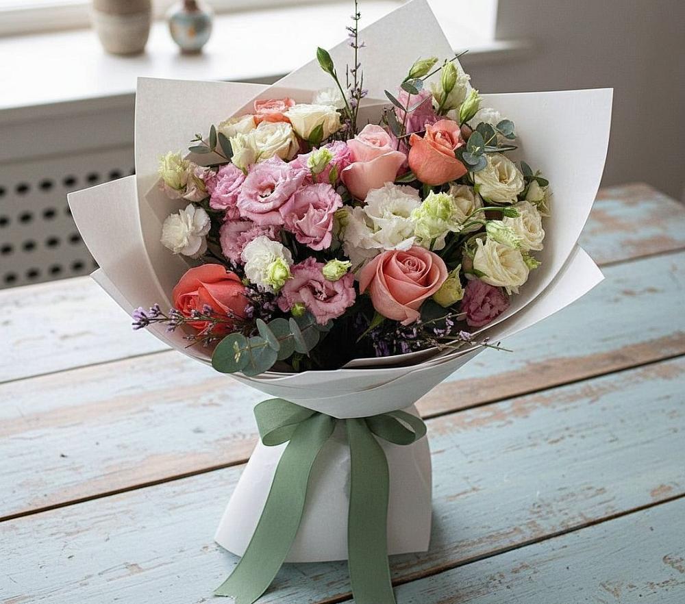 Букет цветов из: Розы, Лизиантусы и Гвоздики в Лукерьино