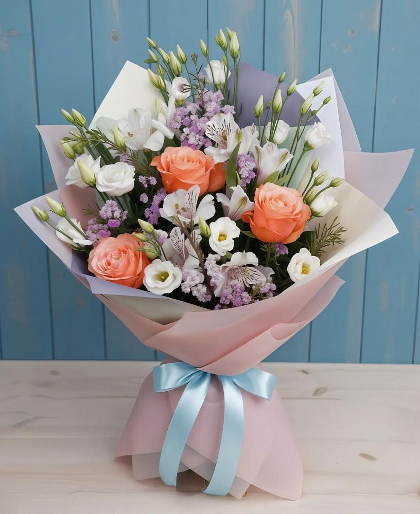 Букет цветов из: Лизиантусы, Розы, Альстромерии и Гипсофила в Лукерьино