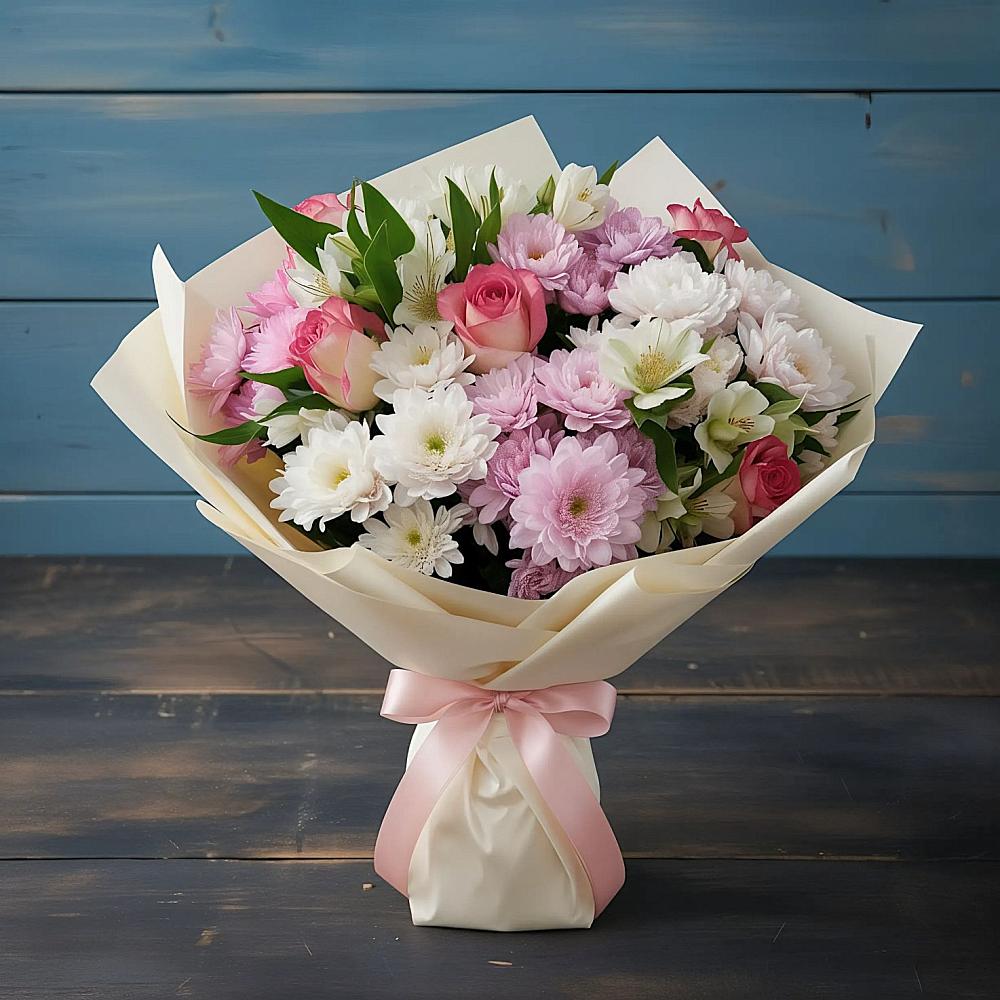 Букет цветов из: Хризантемы, Альстромерии и Розы в Лукерьино